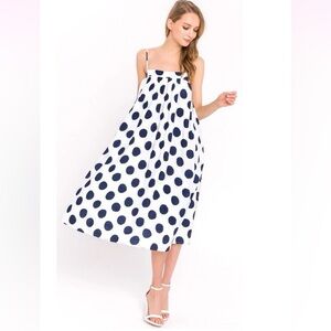 La’ Ven Navy Blue Polkadot Tie Back Midi Dress with Pockets